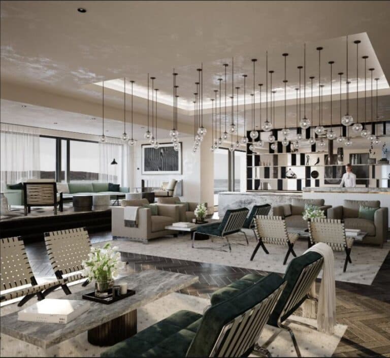 Luxury hotel lounge interior fully furnished by Undergrads FF&E installation crews