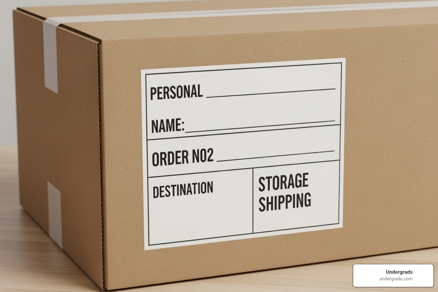 A properly labeled box showing name, order number, and destination (storage/shipping) - dorm room movers boxes