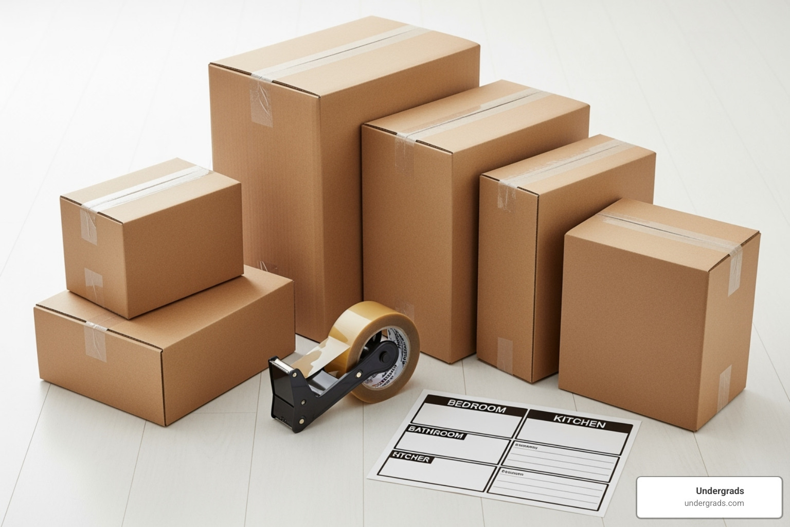 A complete dorm mover box kit, showing five flat-packed boxes, a roll of tape, and labels - dorm room movers boxes