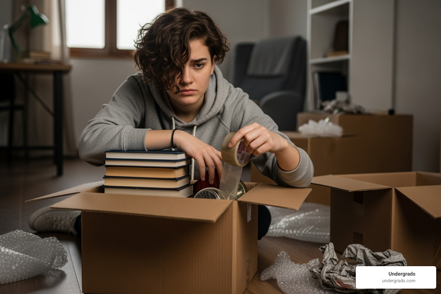 a student packing a box, looking slightly frustrated - college movers customer service a student packing a box, looking slightly frustrated - college movers customer service