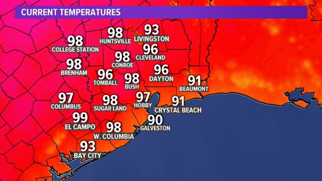 A weather map of summer temperatures in Houston, TX